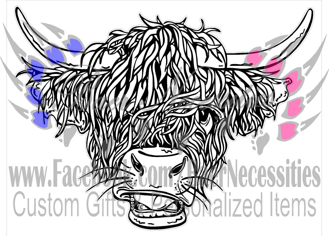 Longhorn Hairy Cow Outline - Transfer