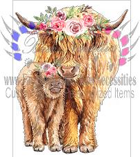 Floral Highland Mom/Calf Cow - Transfer