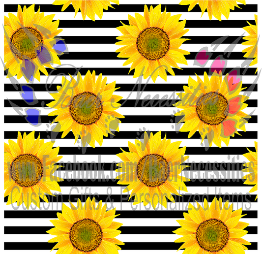Black White Stripped Sunflower Seamless Pattern - Adhesive