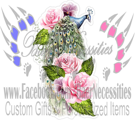 Colorful Peacock with Roses & Pansies - Tumbler Decal