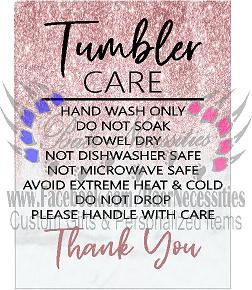 Tumbler Instructions Care Card - Pink Glitter/White Marble