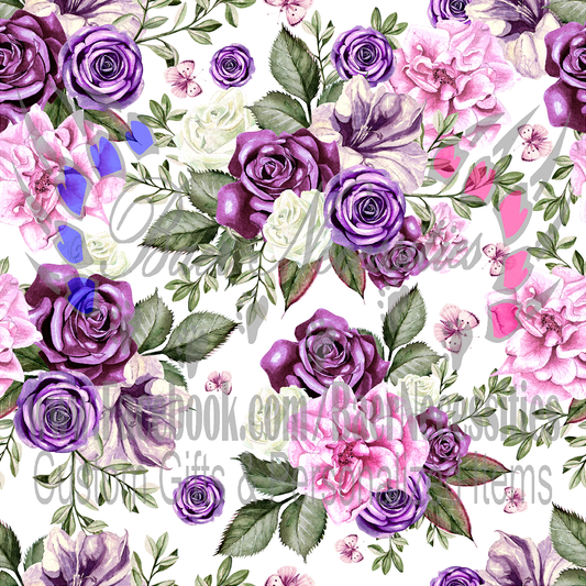 Pink Purple White Floral Seamless Pattern - Adhesive