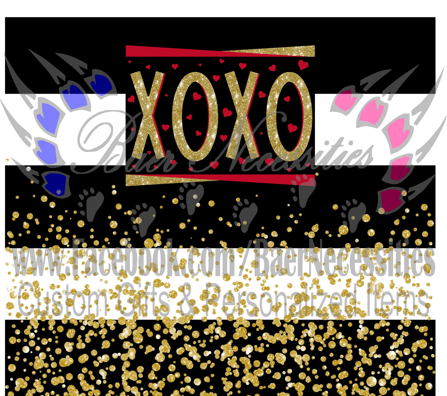 XOXO Gold Confetti with Black/White Stripes - Tumbler Transfer